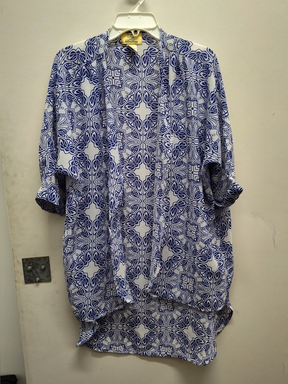 Blue & White Patterned Women's  Casual Kimono Style Blouse